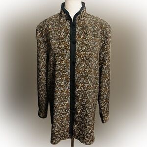 EUC Bora Bora SZ M black/brown/beige Mandarin style blouse w/button loop closure